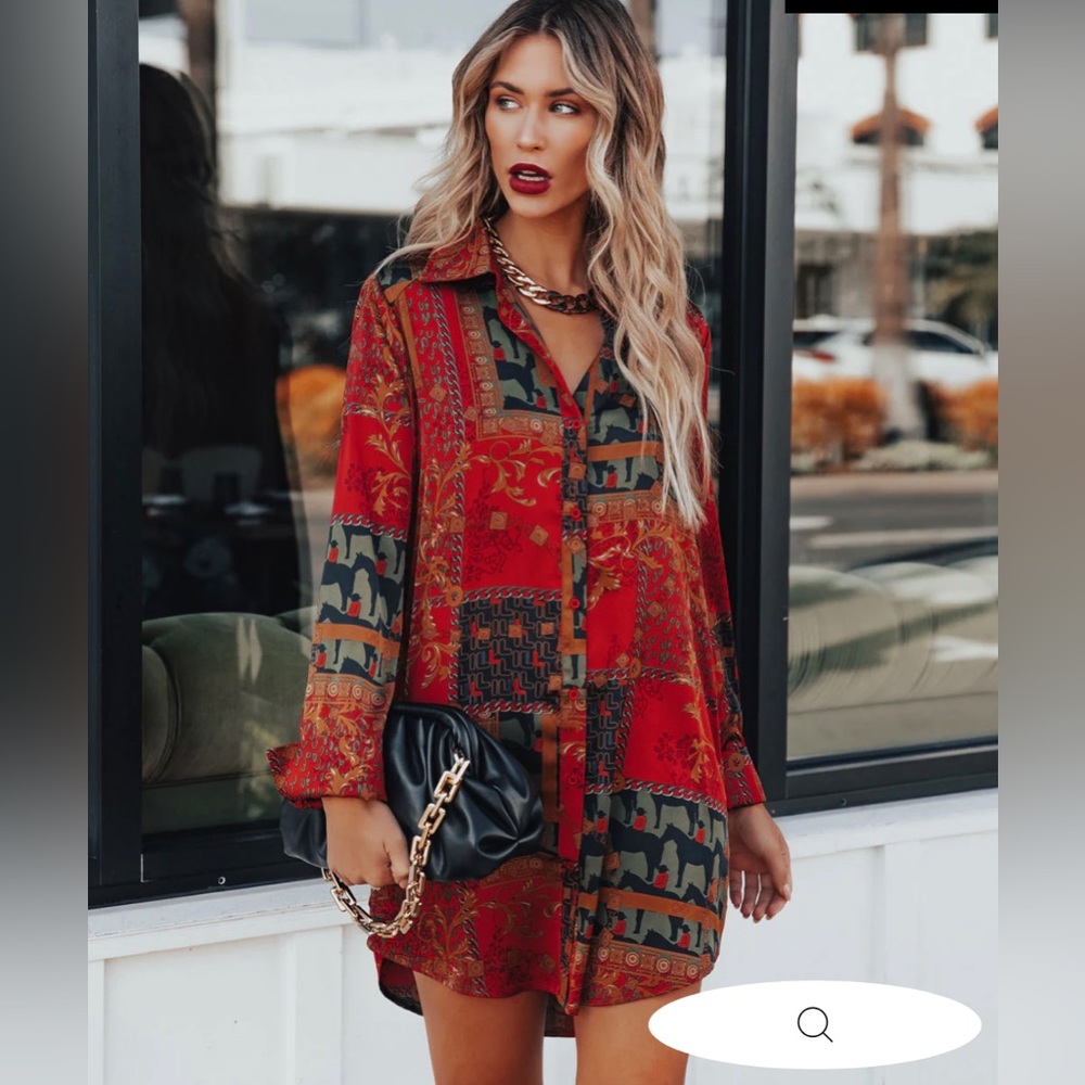 VICI - ZYLA MIX PRINT SATIN BUTTON DOWN SHIRT DRESS - NEVER WORN - MEDIUM